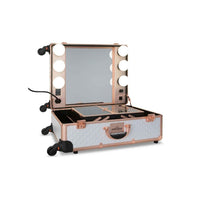 SlayCase® Pro Vanity Travel Train Case with Stand in White & Rose Gold Studded