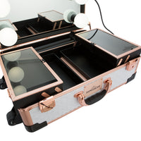 SlayCase® XLS Vanity Travel Train Case with Stand in White & Rose Gold Studded