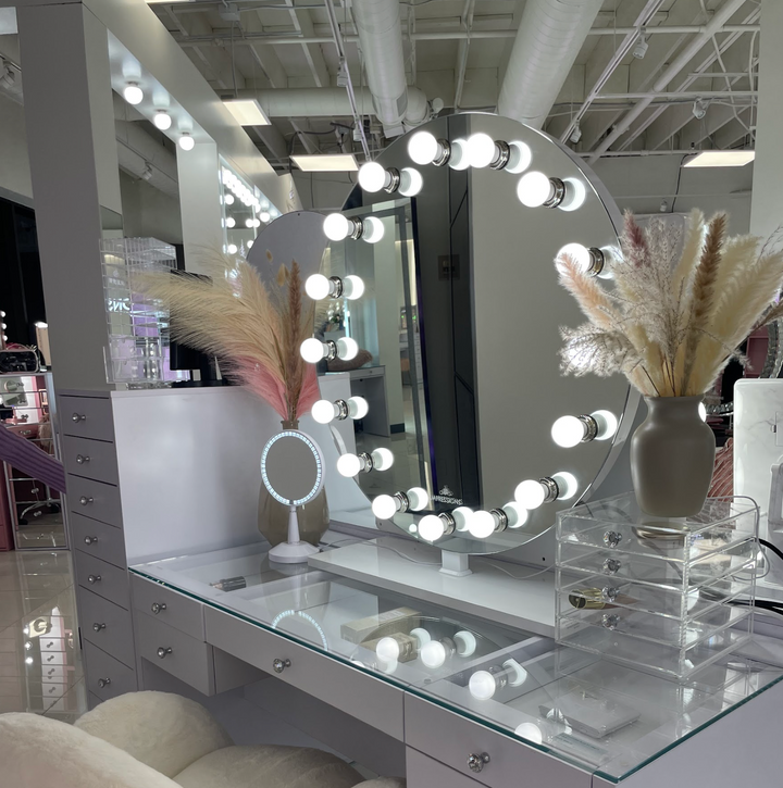  Monarch Plus Vanity Mirror, equipped with Impressions Vanity’s LED 24v globe light bulbs