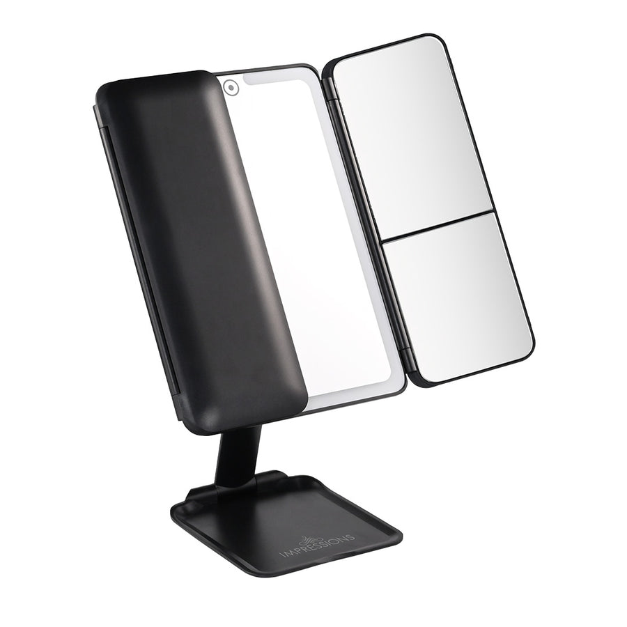 Flex Mini Trifold LED Makeup Mirror With Stand Half Closed Black