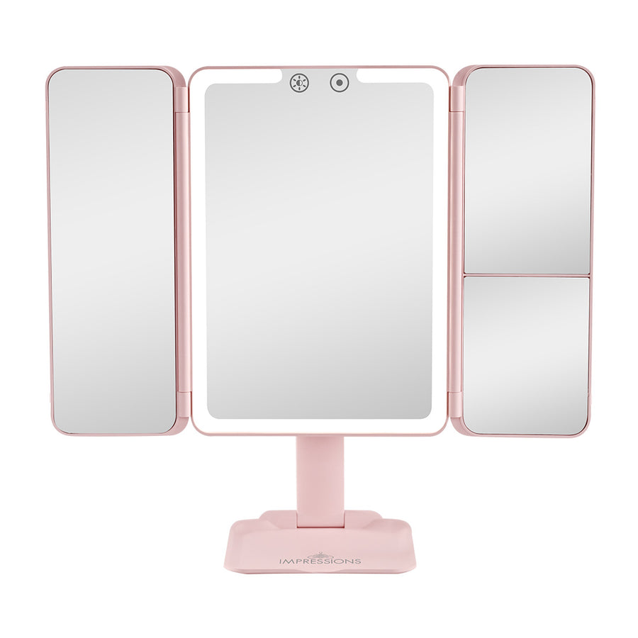 Flex Mini Trifold LED Makeup Mirror With Stand Front Pink