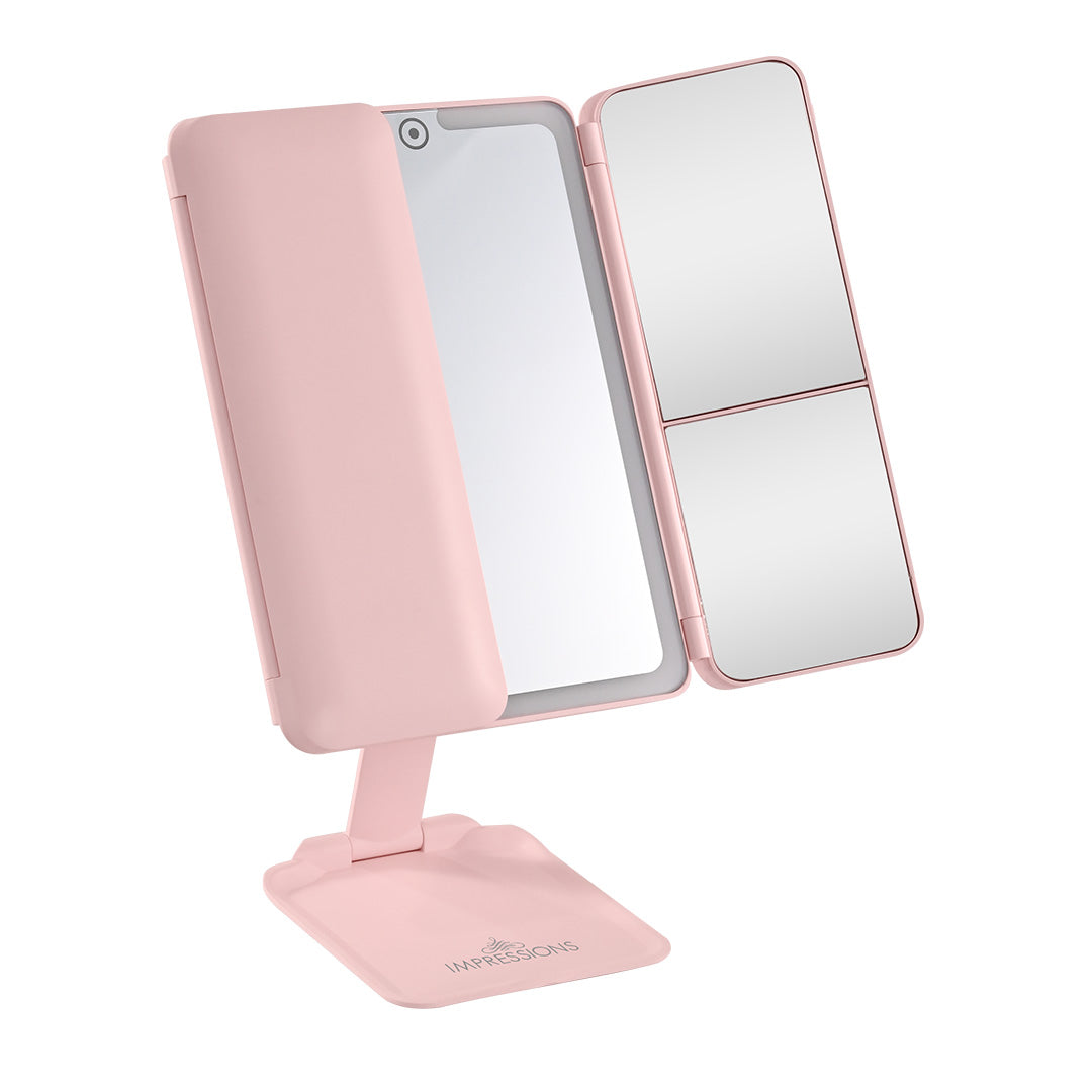 Flex Mini Trifold LED Makeup Mirror With Stand Half Close Pink