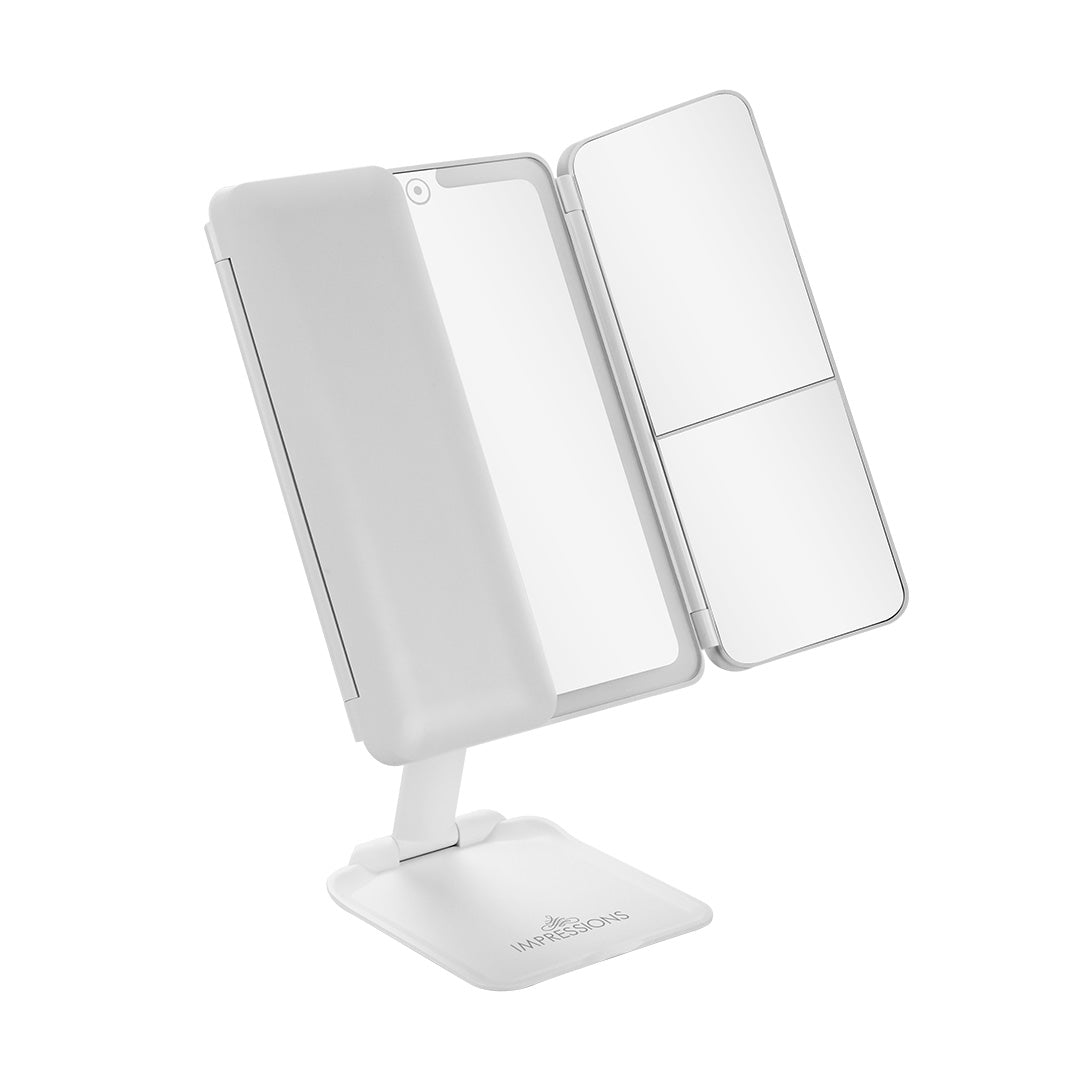 Flex Mini Trifold LED Makeup Mirror With Stand Half Closed White