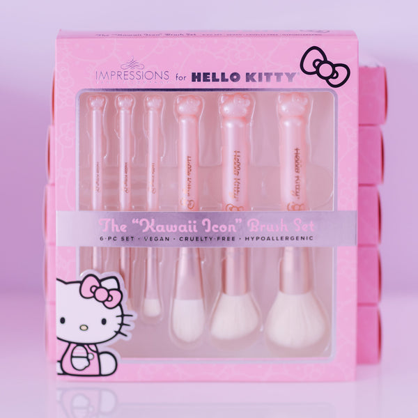 Impressions Vanity 6-Pcs Makeup Brush Set with Hello Kitty Kawaii Icon and Aluminum Ferrule, Super Soft Makeup Brushes (Pink)