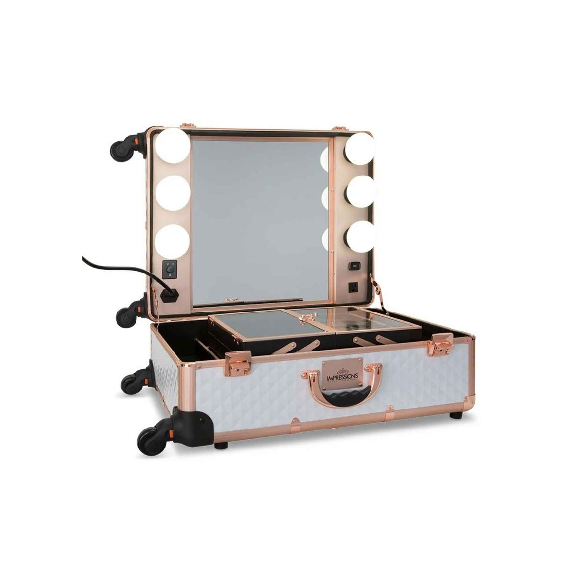 SlayCase® Pro Vanity Travel Train Case with Stand in White &amp; Rose Gold Studded