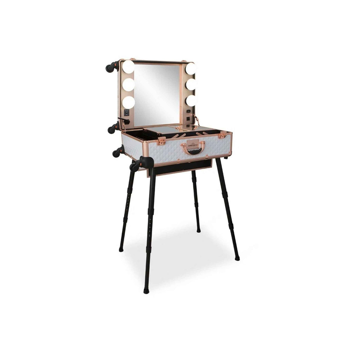 SlayCase® Pro Vanity Travel Train Case with Stand in White &amp; Rose Gold Studded