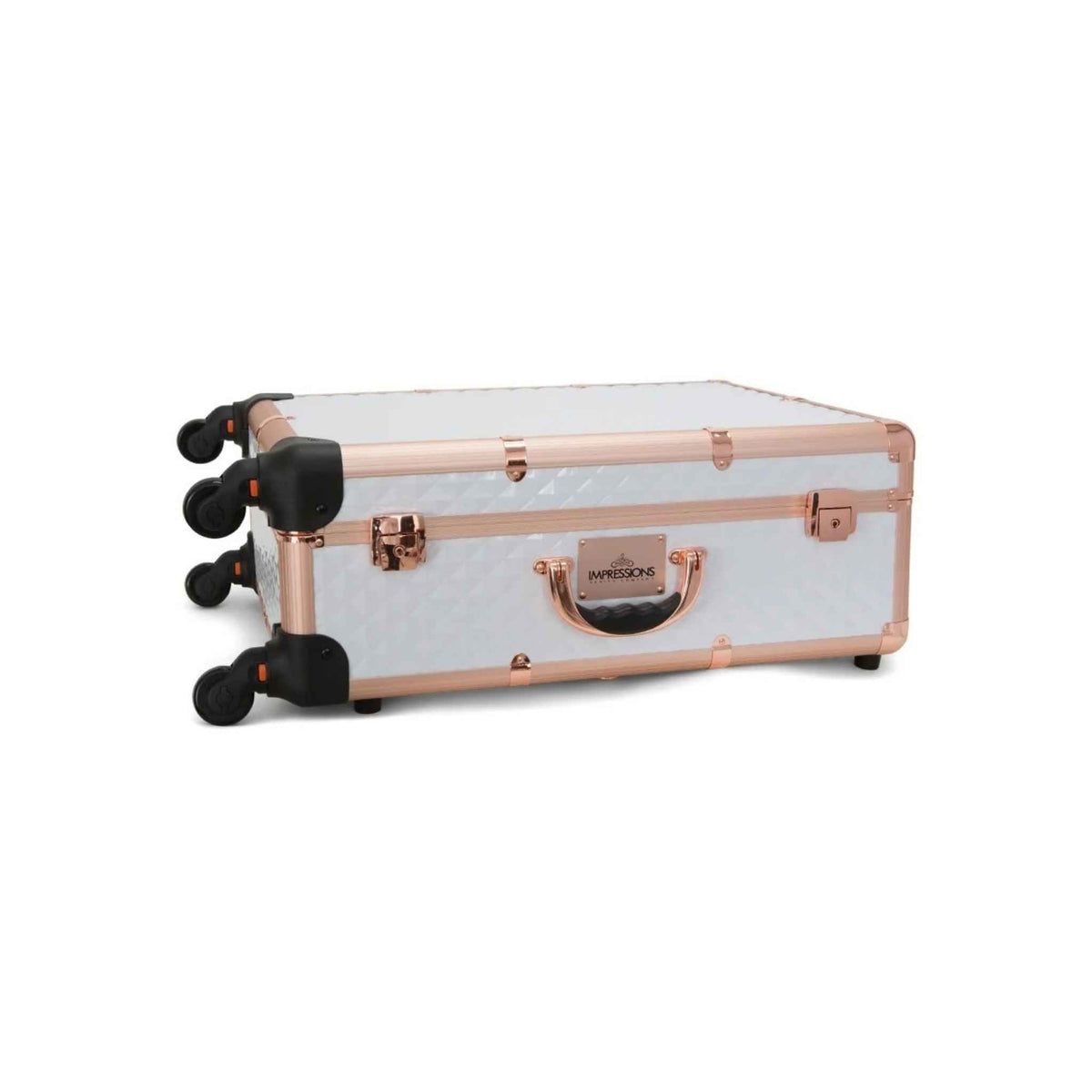 SlayCase® Pro Vanity Travel Train Case with Stand in White &amp; Rose Gold Studded