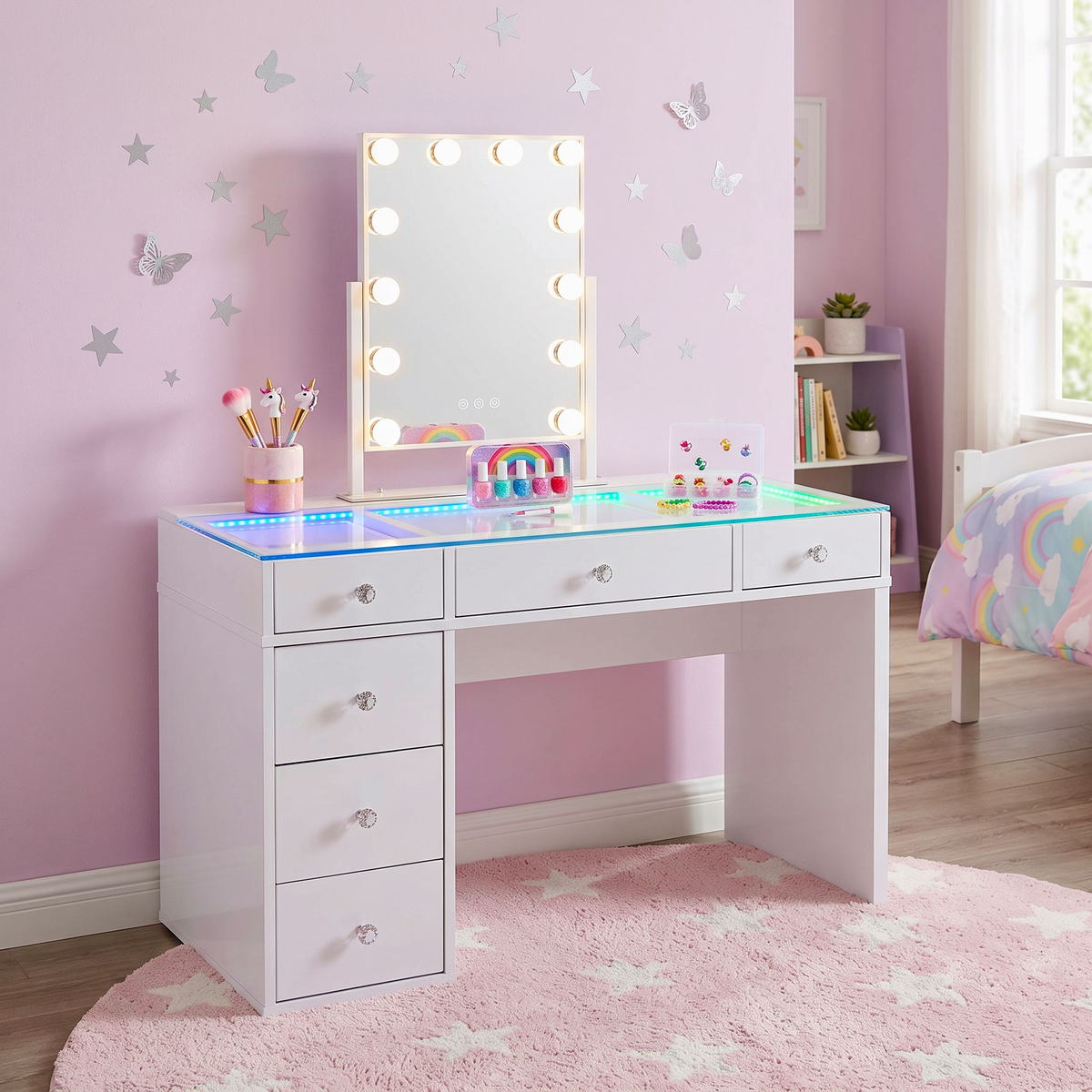 Kids' SlayStation Charlotte Vanity Table w/ RGB Light + Vanity Mirror Bundle