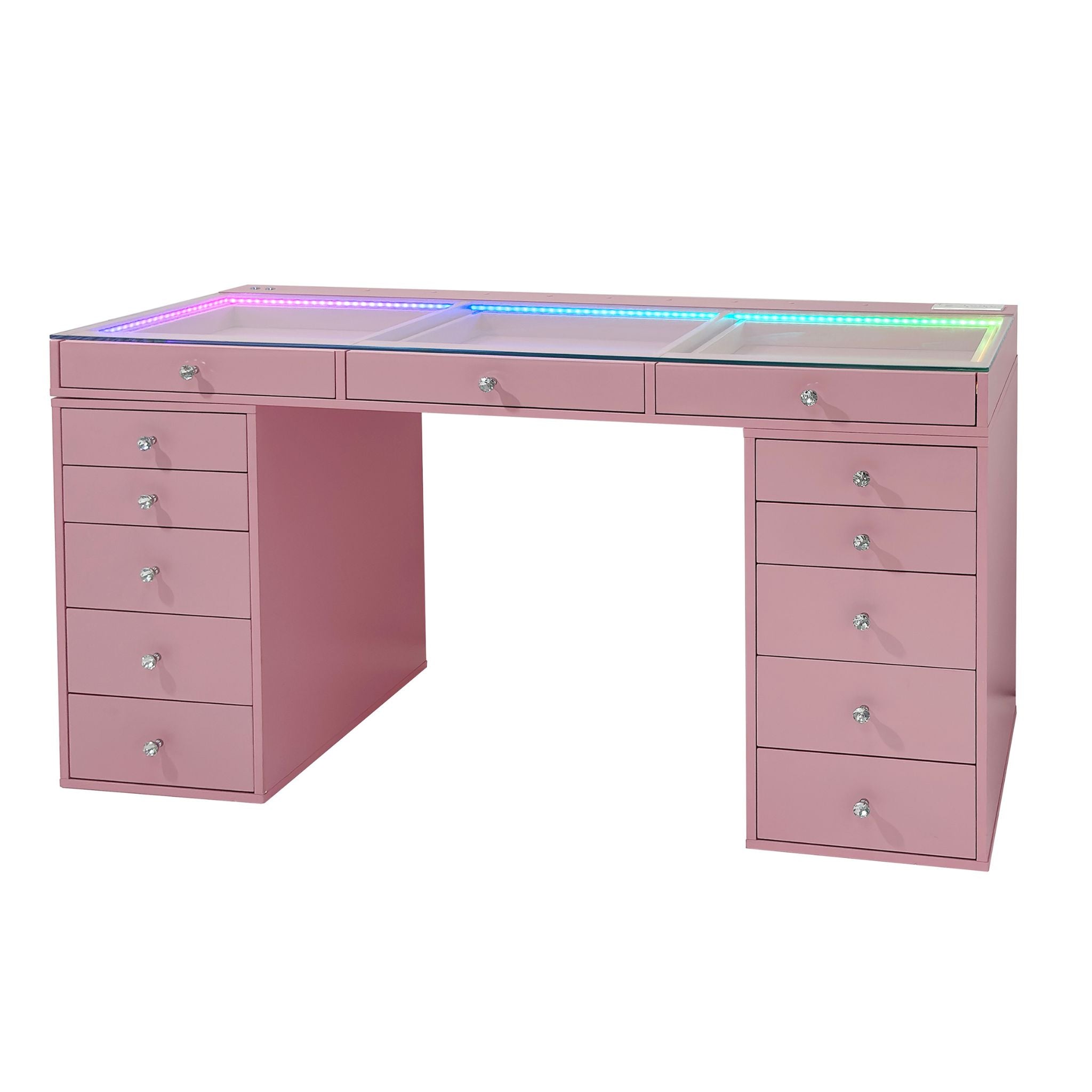SlayStation 2.0 Vanity Desk with Clear Glass Top and Drawers in Pink SlayStation 2.0 Vanity Desk with Clear Glass Top and Drawers in Pink