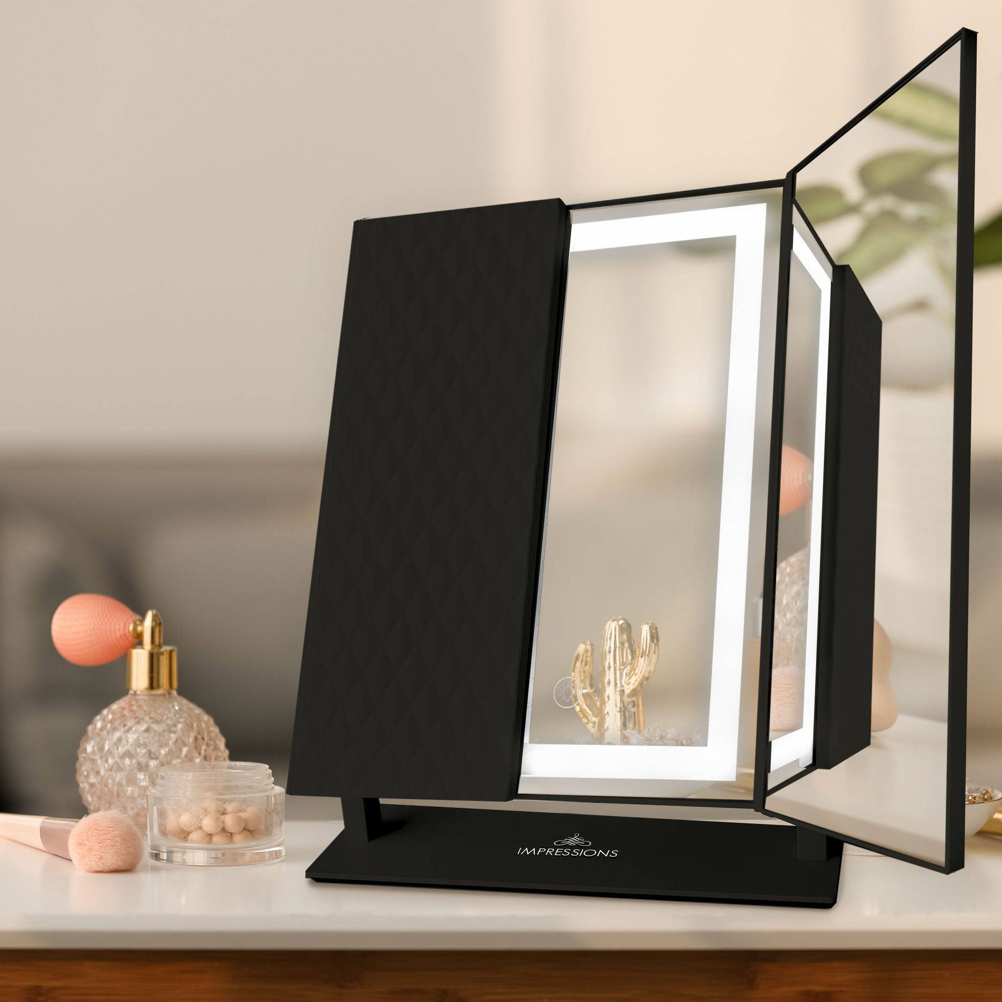 Impressions Vanity Luxury Trifold LED Tri Tone Makeup Mirror Black