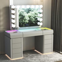 Makeup vanity table with mirror and LED lights in a room setting.
