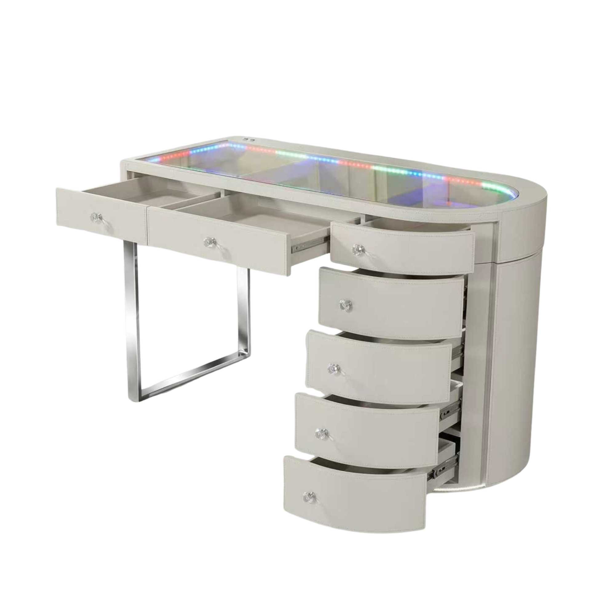 faux leather dressing table FUKAYI Saddle Leather Makeup Vanity Set with LED Mirror, 5 Drawers, Side Bag, White