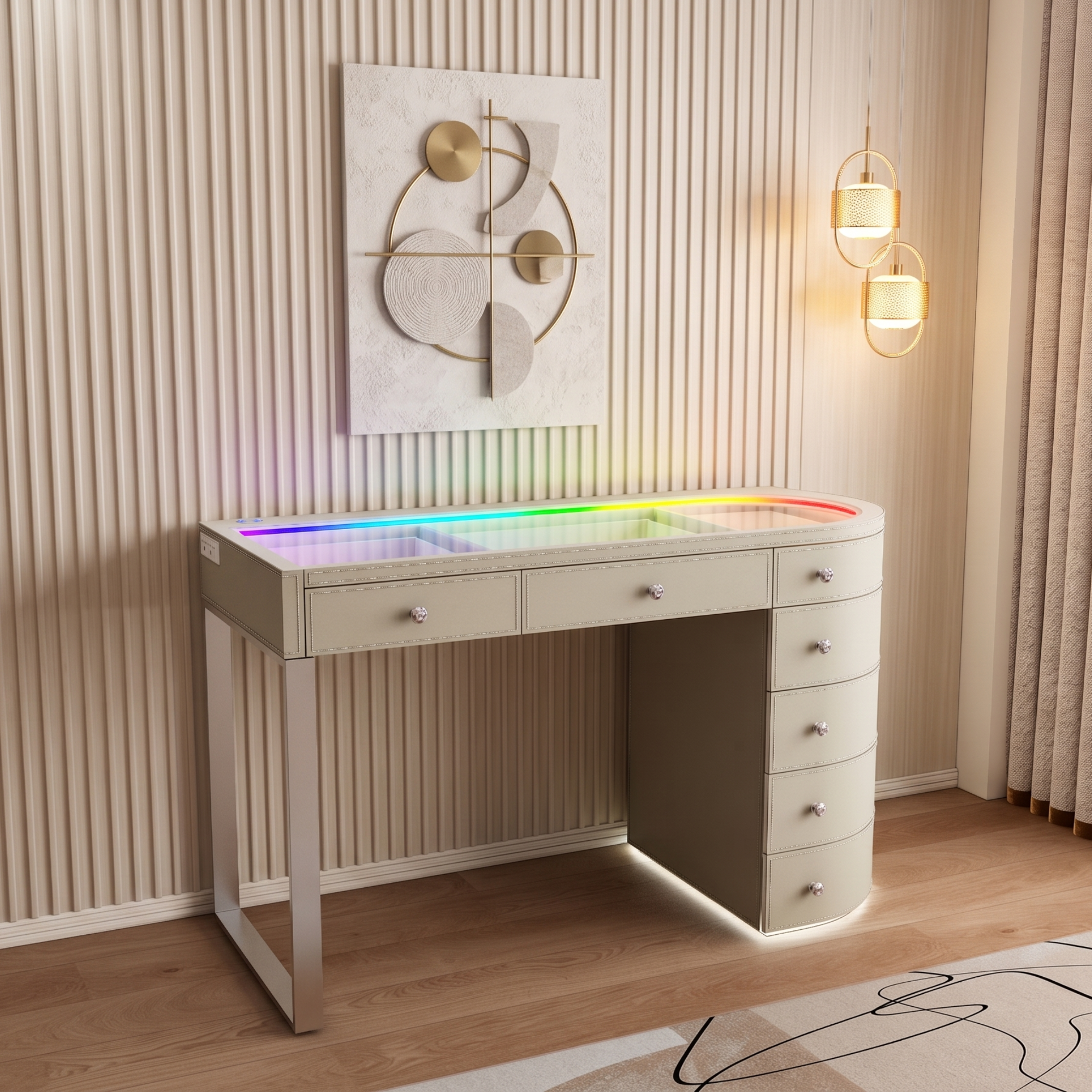 SlayStation Skyra Faux Leather Premium Vanity Table w / RGB Light, Beige SlayStation Skyra Faux Leather Premium Vanity Table w / RGB Light, Beige