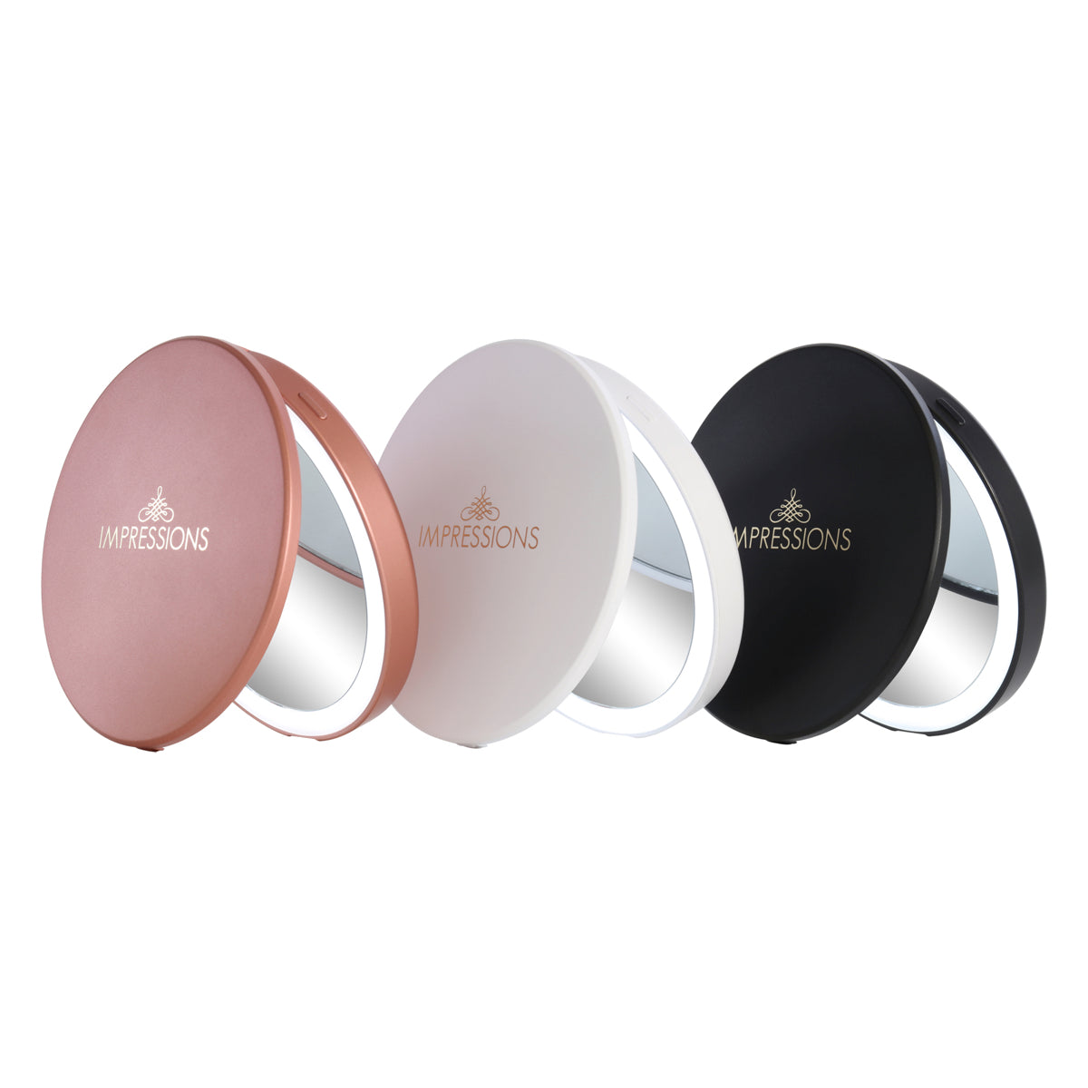Stitch LED Rechargeable Compact Mirror in Coral | 4.25 x 4.25 X: 4.25 x 4.25 in | Impressions Vanity Co. | Aluminum/Glass
