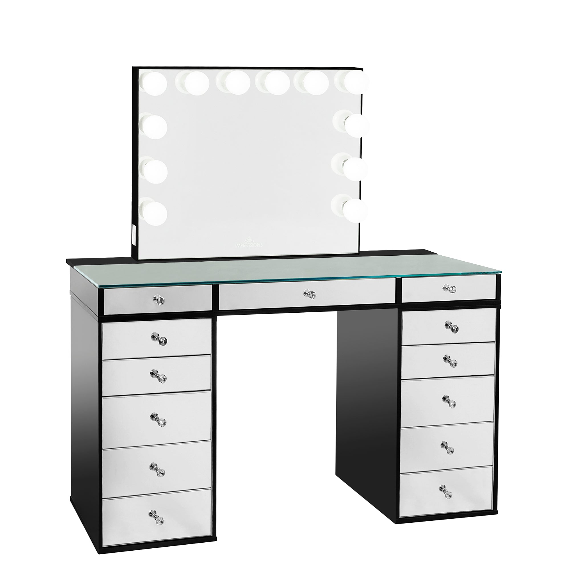 Impressions Vanity Desk SlayStation Plus 2.0 Clear Mirrored Tabletop and 5  Drawer Units Bundle for Makeup Vanity Mirror with Lights, Nail Table with