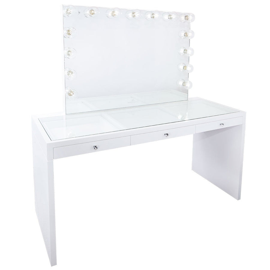 Impressions Vanity SlayStation Hollywood Glow Pro Vanity Mirror &amp; Table Bundle in Glossy White with USB Outlets