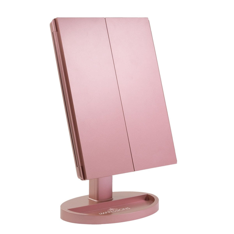 Impressions Vanity Touch Trifold XL Dimmable LED Makeup Mirror in Rose Gold, Folded