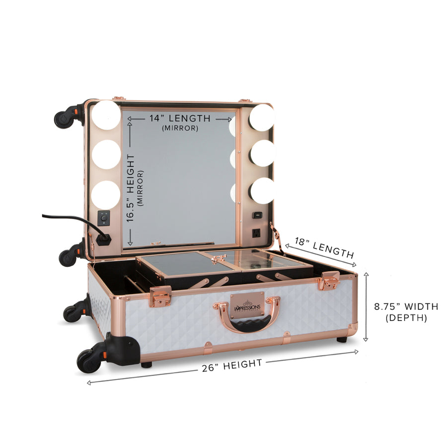 SlayCase® Pro Vanity Travel Train Case with Stand in White &amp; Rose Gold Studded