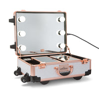 SlayCase® XLS Vanity Travel Train Case with Stand in White & Rose Gold Studded