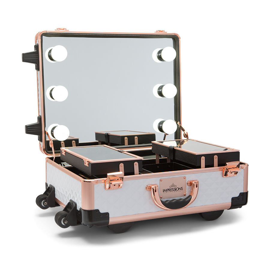 SlayCase® XLS Vanity Travel Train Case with Stand in White &amp; Rose Gold Studded