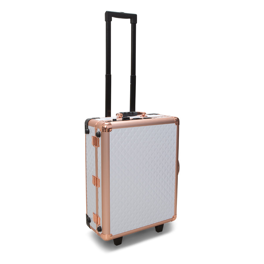 SlayCase® XLS Vanity Travel Train Case with Stand in White &amp; Rose Gold Studded