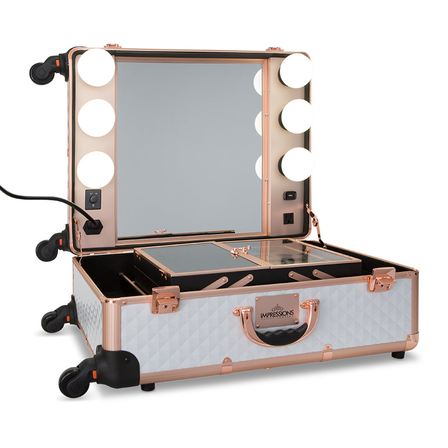 SlayCase® Pro Vanity Travel Train Case with Stand in White &amp; Rose Gold Studded