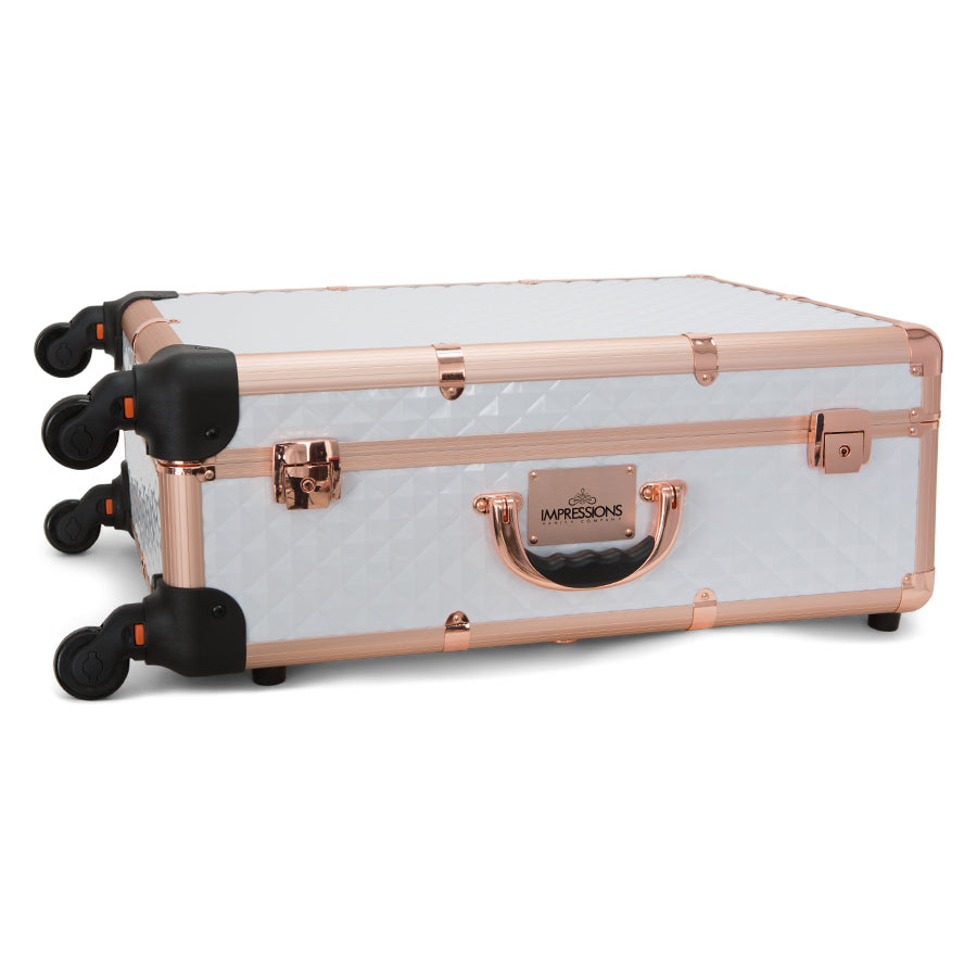 SlayCase® Pro Vanity Travel Train Case with Stand in White & Rose Gold Studded